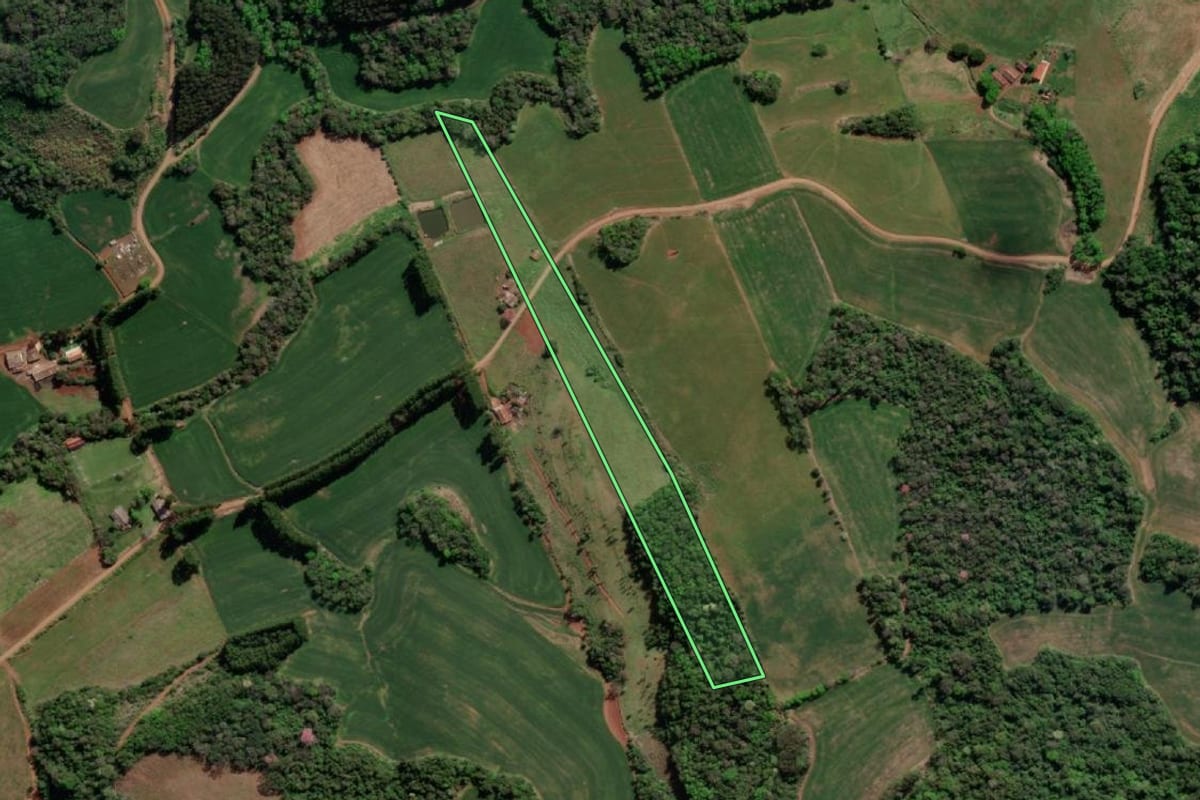 Imagem de satélite do imóvel rural em Tiradentes do Sul (RS), com o contorno declarado no CAR desenhado por cima.