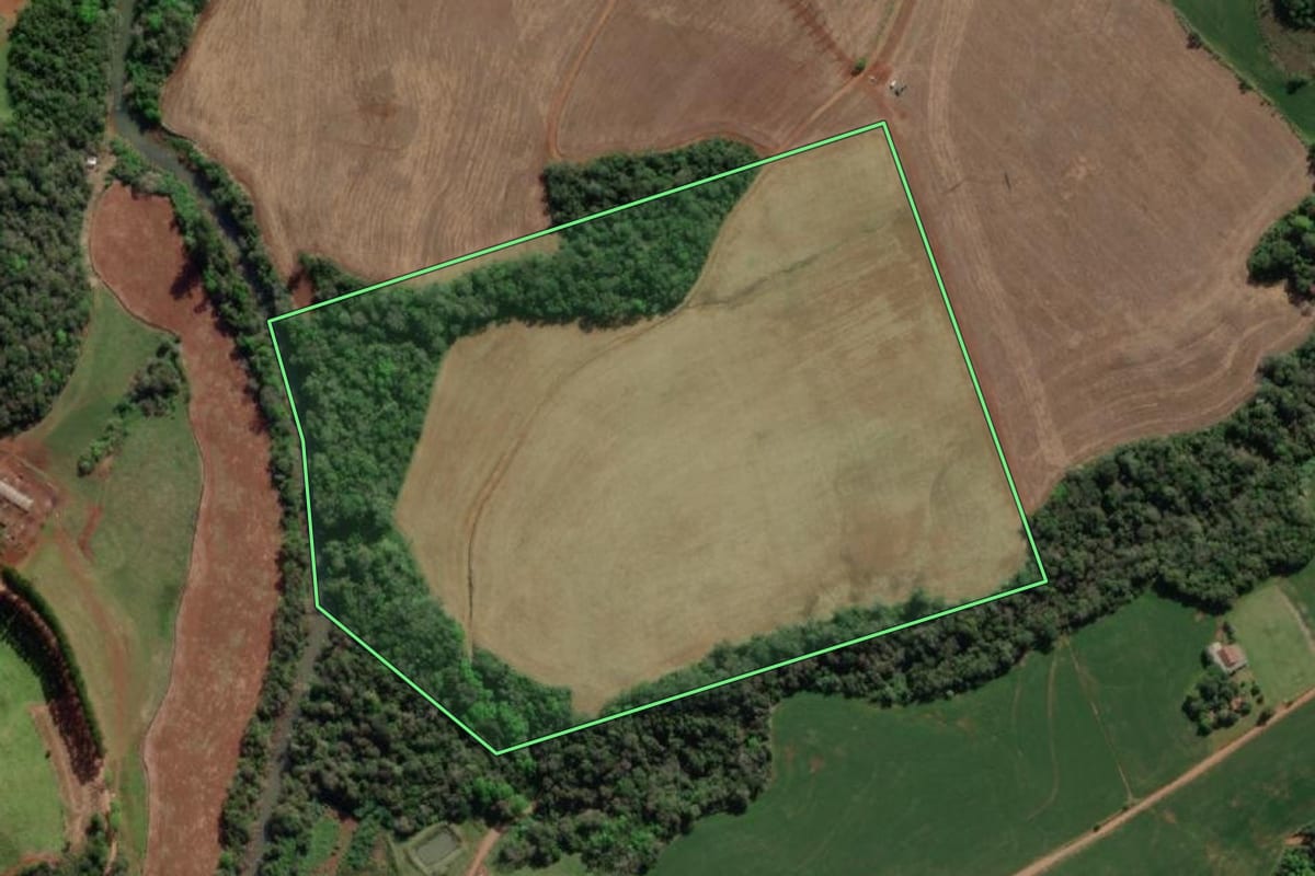 Imagem de satélite do imóvel rural em Tiradentes do Sul (RS), com o contorno declarado no CAR desenhado por cima.