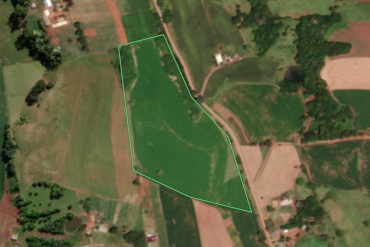 Imagem de satélite do imóvel rural em Tiradentes do Sul (RS), com o contorno declarado no CAR desenhado por cima.