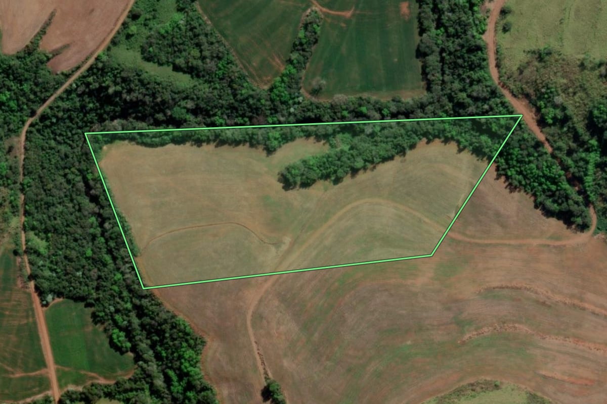 Imagem de satélite do imóvel rural em Tiradentes do Sul (RS), com o contorno declarado no CAR desenhado por cima.