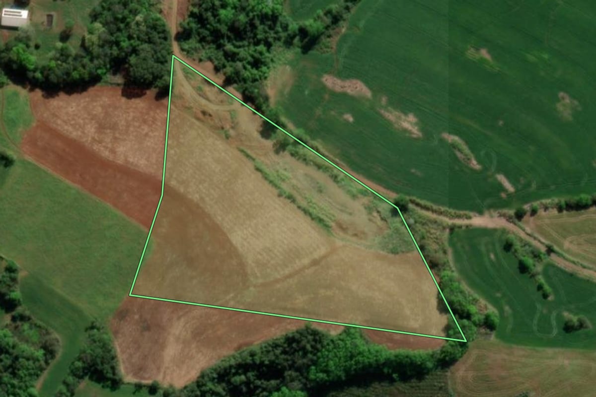 Imagem de satélite do imóvel rural em Tiradentes do Sul (RS), com o contorno declarado no CAR desenhado por cima.
