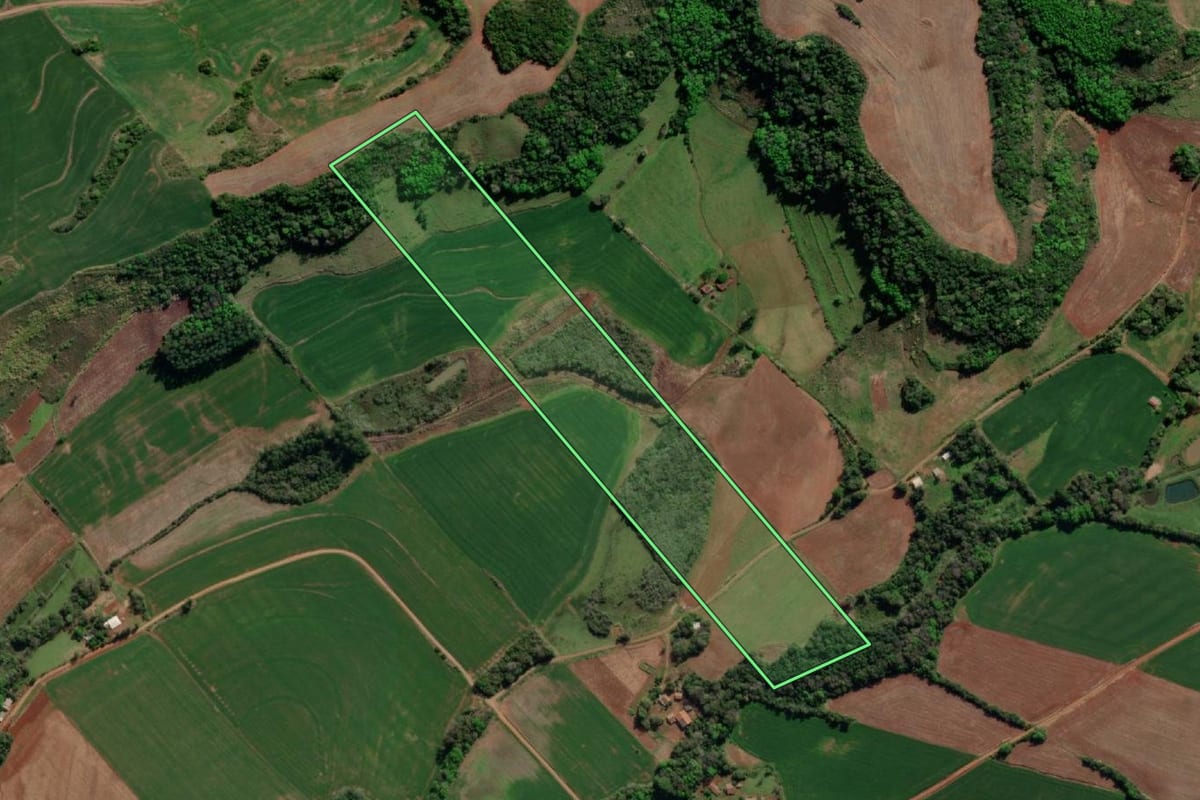 Imagem de satélite do imóvel rural em Tiradentes do Sul (RS), com o contorno declarado no CAR desenhado por cima.