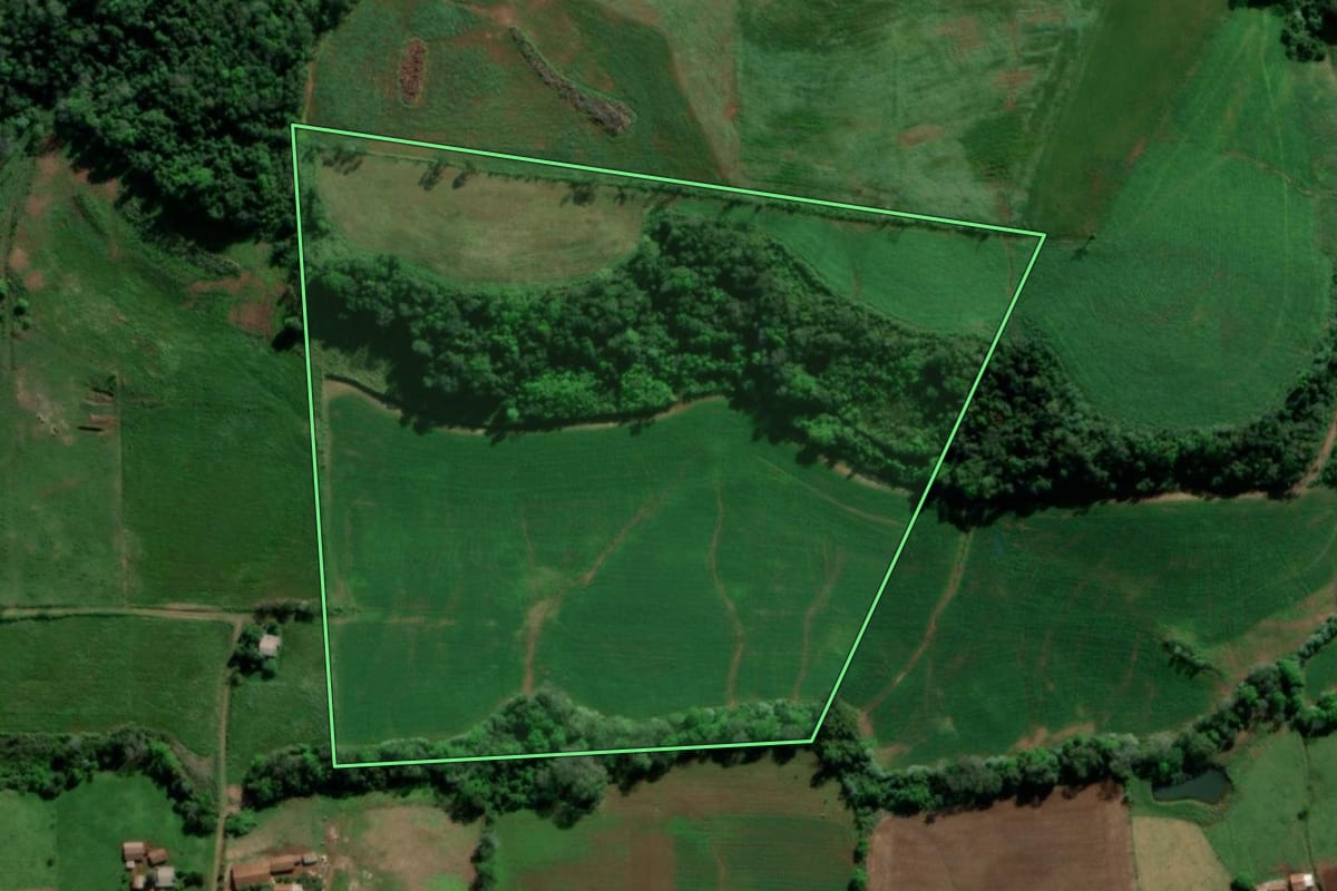 Imagem de satélite do imóvel rural em Tiradentes do Sul (RS), com o contorno declarado no CAR desenhado por cima.