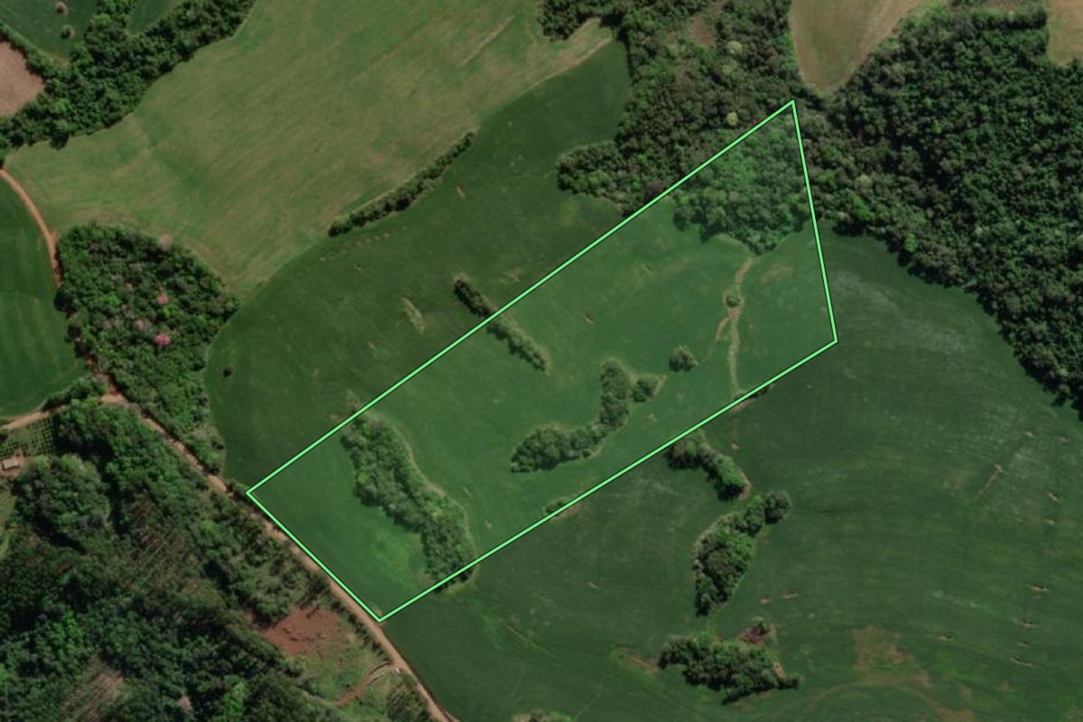 Imagem de satélite do imóvel rural em Tiradentes do Sul (RS), com o contorno declarado no CAR desenhado por cima.