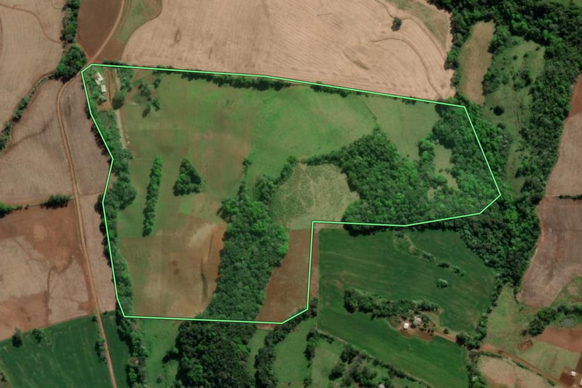 Imagem de satélite do imóvel rural em Tiradentes do Sul (RS), com o contorno declarado no CAR desenhado por cima.