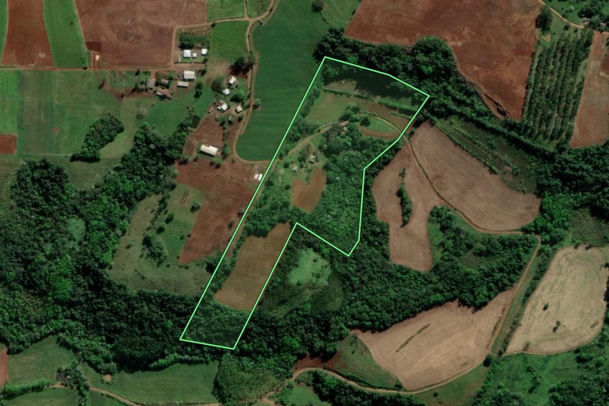 Imagem de satélite do imóvel rural em Tiradentes do Sul (RS), com o contorno declarado no CAR desenhado por cima.