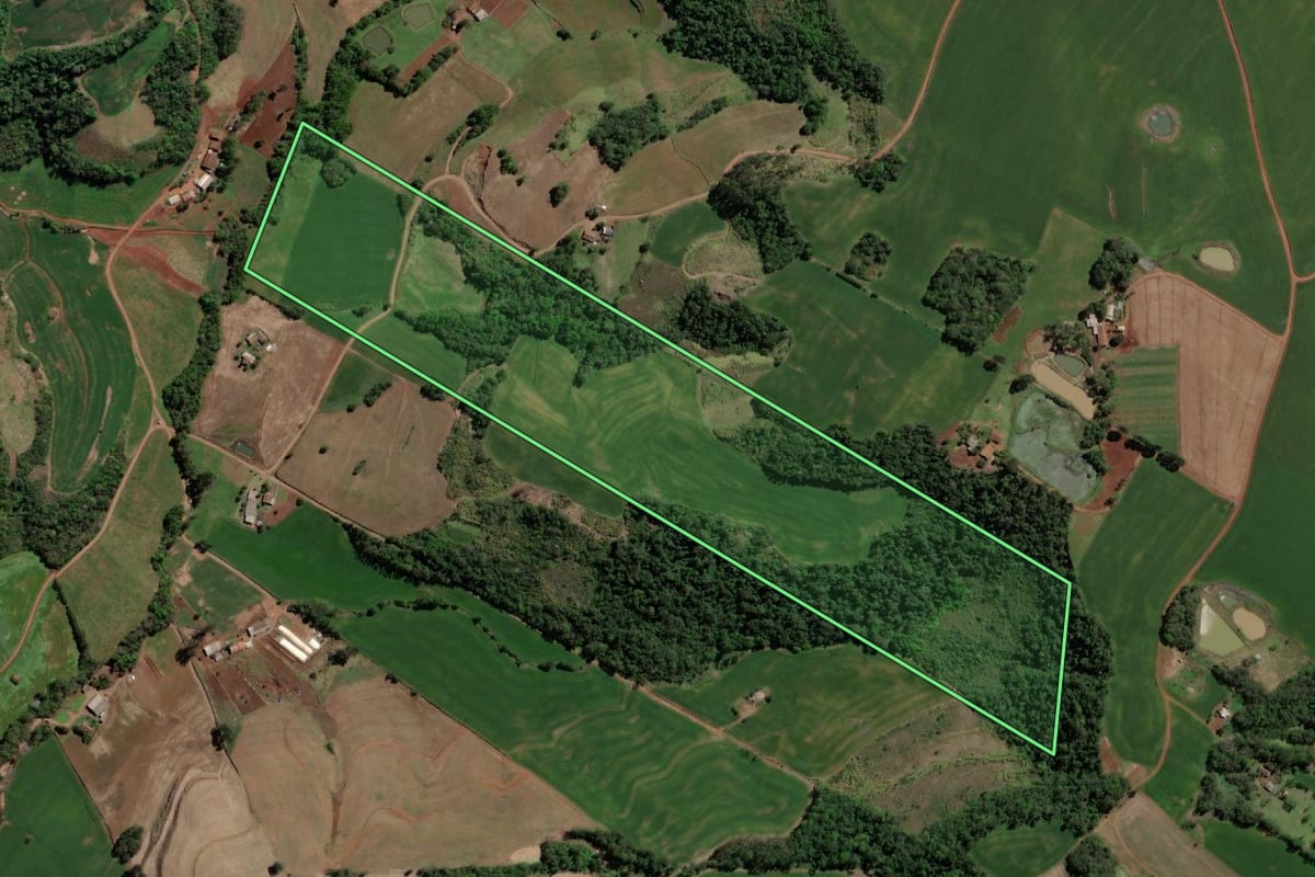Imagem de satélite do imóvel rural em Tiradentes do Sul (RS), com o contorno declarado no CAR desenhado por cima.