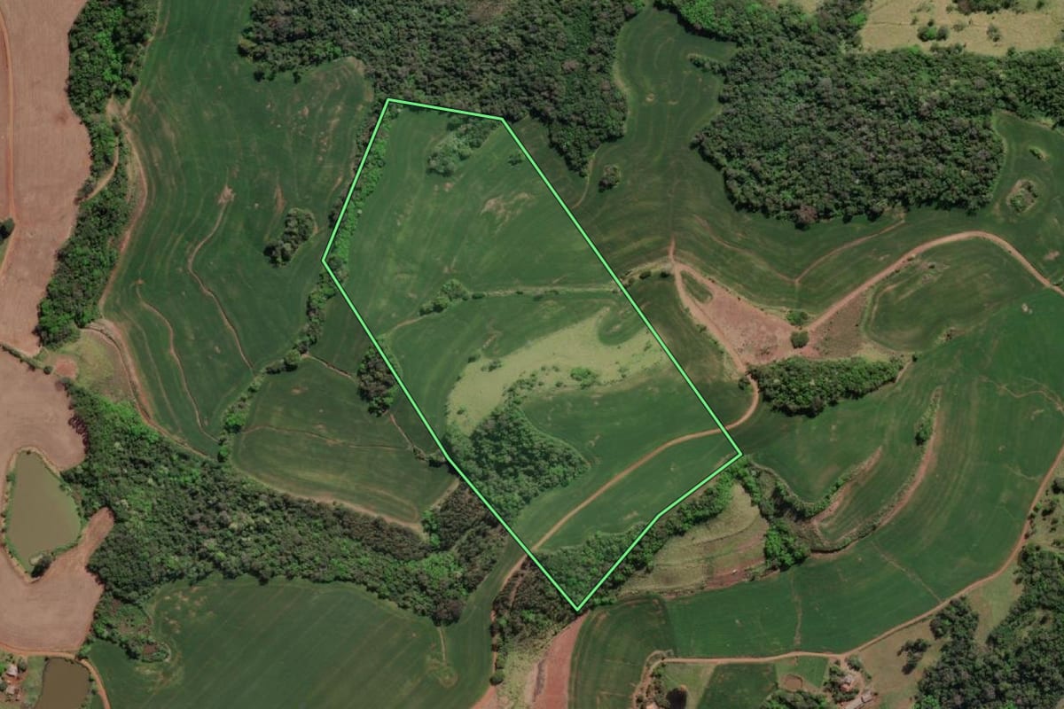 Imagem de satélite do imóvel rural em Tiradentes do Sul (RS), com o contorno declarado no CAR desenhado por cima.