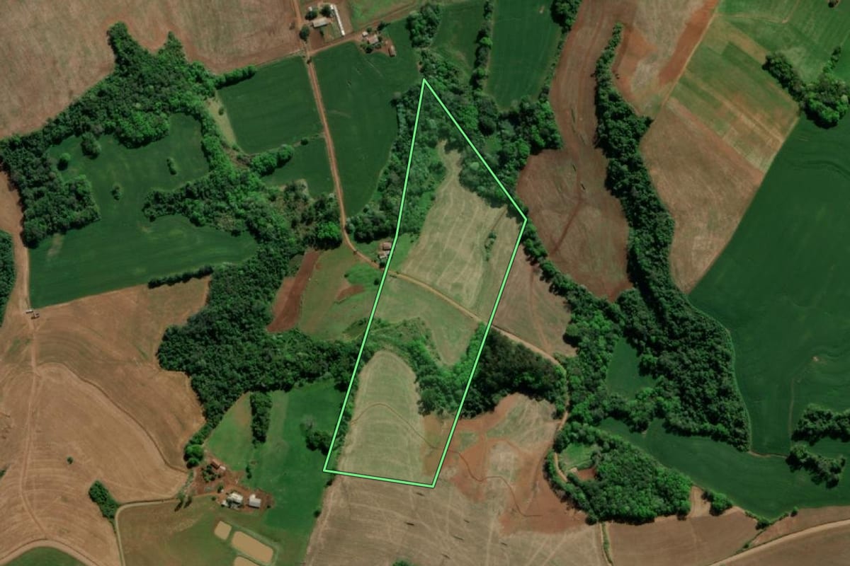 Imagem de satélite do imóvel rural em Tiradentes do Sul (RS), com o contorno declarado no CAR desenhado por cima.