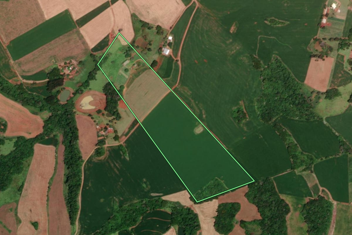 Imagem de satélite do imóvel rural em Tiradentes do Sul (RS), com o contorno declarado no CAR desenhado por cima.