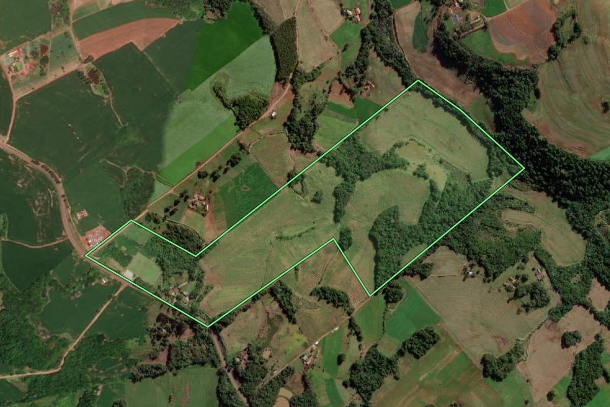 Imagem de satélite do imóvel rural em Tiradentes do Sul (RS), com o contorno declarado no CAR desenhado por cima.