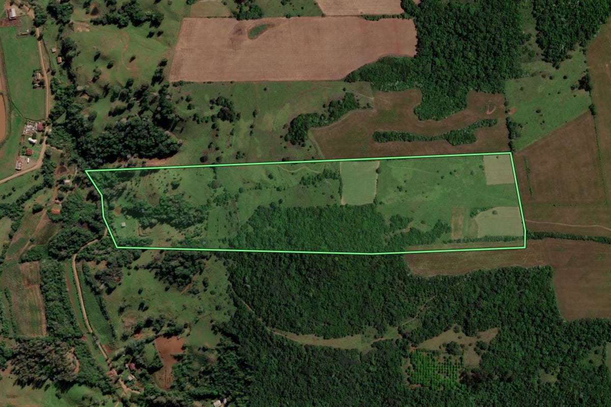 Imagem de satélite do imóvel rural em Toropi (RS), com o contorno declarado no CAR desenhado por cima.