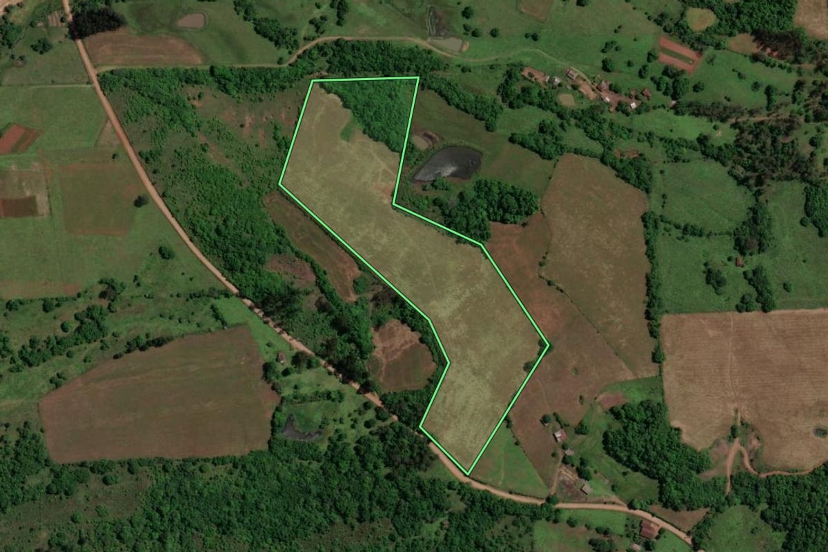 Imagem de satélite do imóvel rural em Toropi (RS), com o contorno declarado no CAR desenhado por cima.