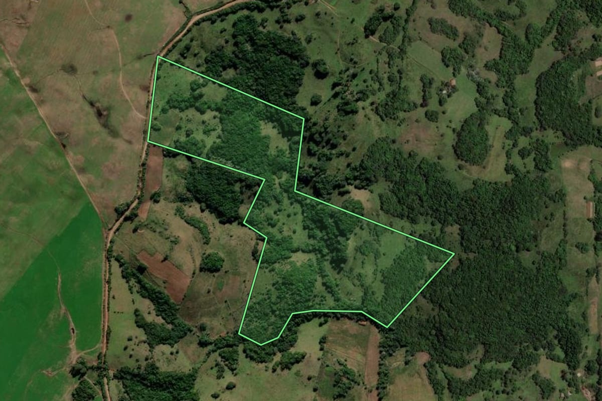 Imagem de satélite do imóvel rural em Toropi (RS), com o contorno declarado no CAR desenhado por cima.