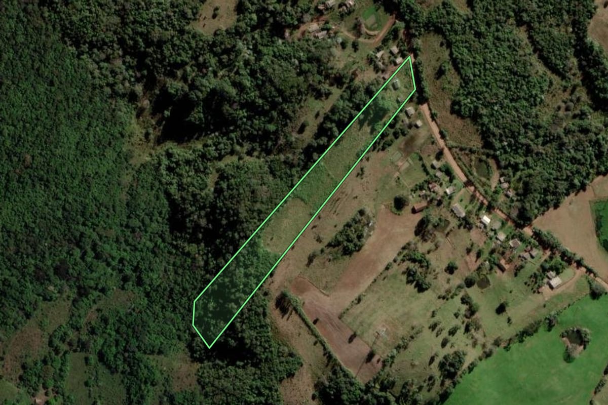 Imagem de satélite do imóvel rural em Toropi (RS), com o contorno declarado no CAR desenhado por cima.