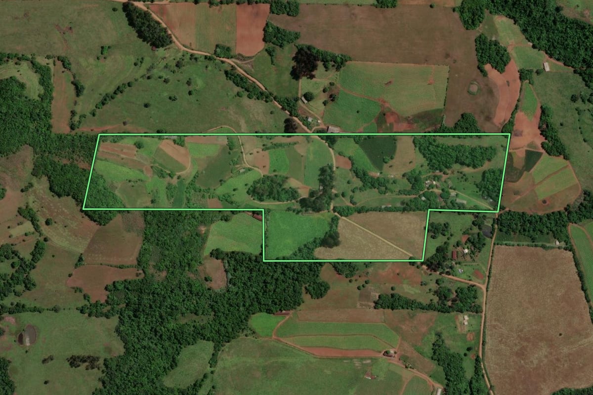 Imagem de satélite do imóvel rural em Toropi (RS), com o contorno declarado no CAR desenhado por cima.