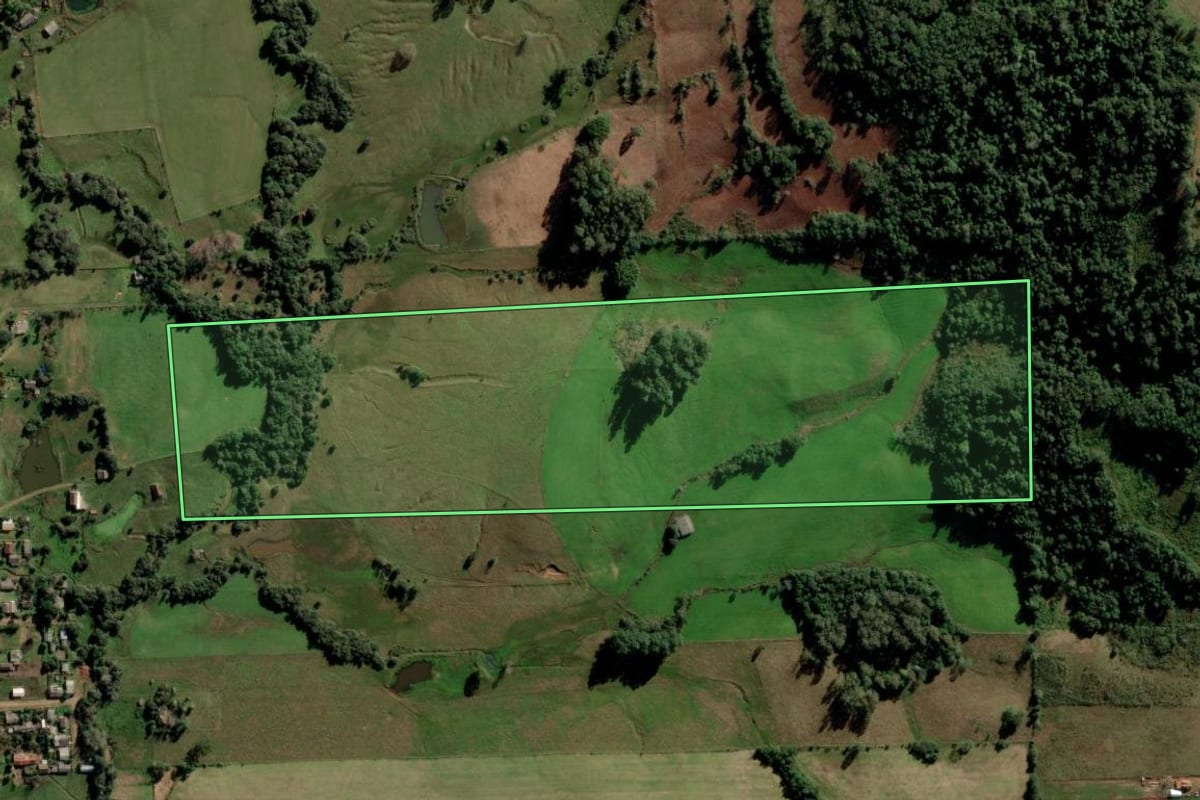 Imagem de satélite do imóvel rural em Toropi (RS), com o contorno declarado no CAR desenhado por cima.