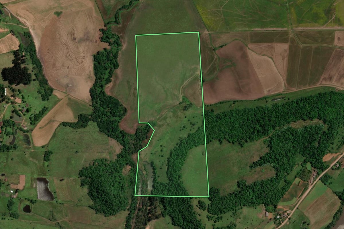 Imagem de satélite do imóvel rural em Toropi (RS), com o contorno declarado no CAR desenhado por cima.