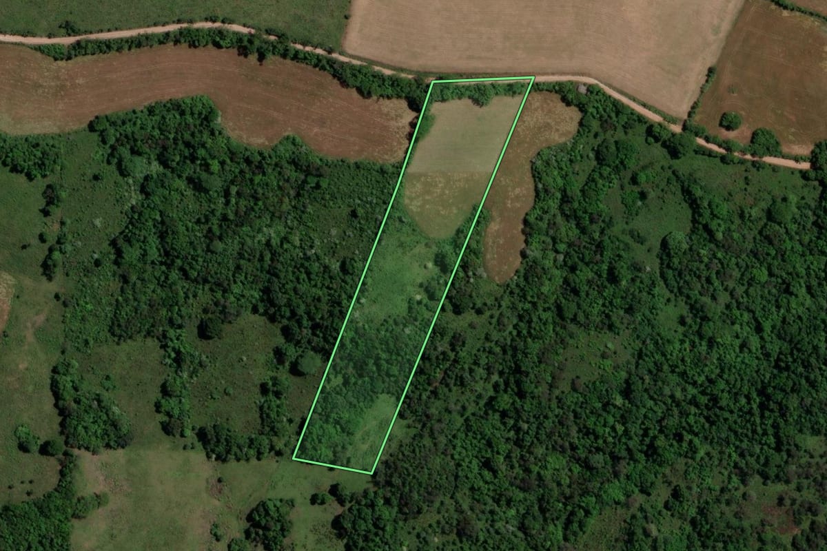 Imagem de satélite do imóvel rural em Toropi (RS), com o contorno declarado no CAR desenhado por cima.