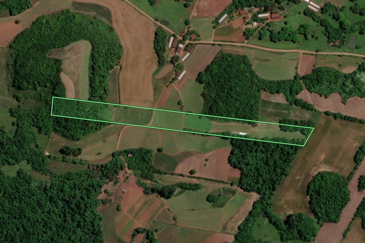 Imagem de satélite do imóvel rural em Toropi (RS), com o contorno declarado no CAR desenhado por cima.