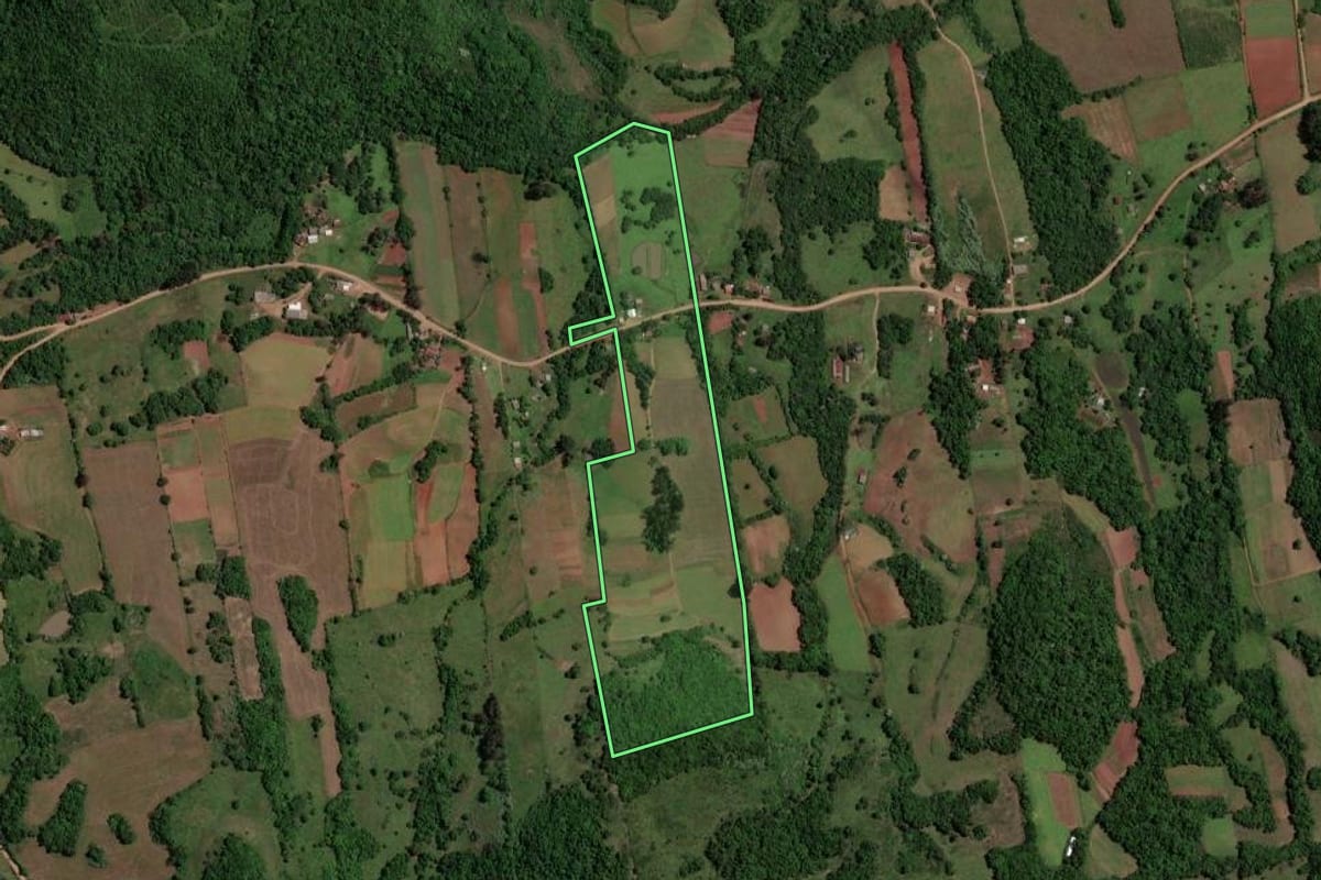 Imagem de satélite do imóvel rural em Toropi (RS), com o contorno declarado no CAR desenhado por cima.
