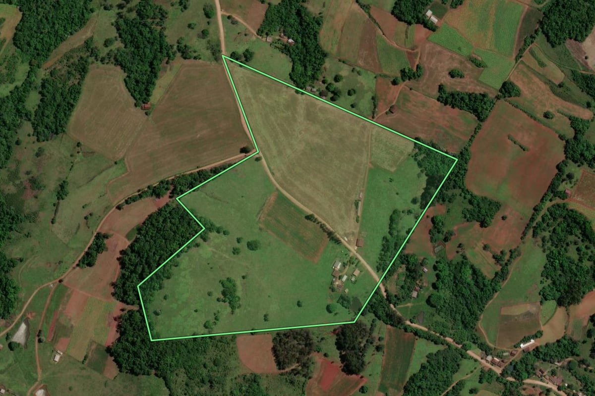 Imagem de satélite do imóvel rural em Toropi (RS), com o contorno declarado no CAR desenhado por cima.