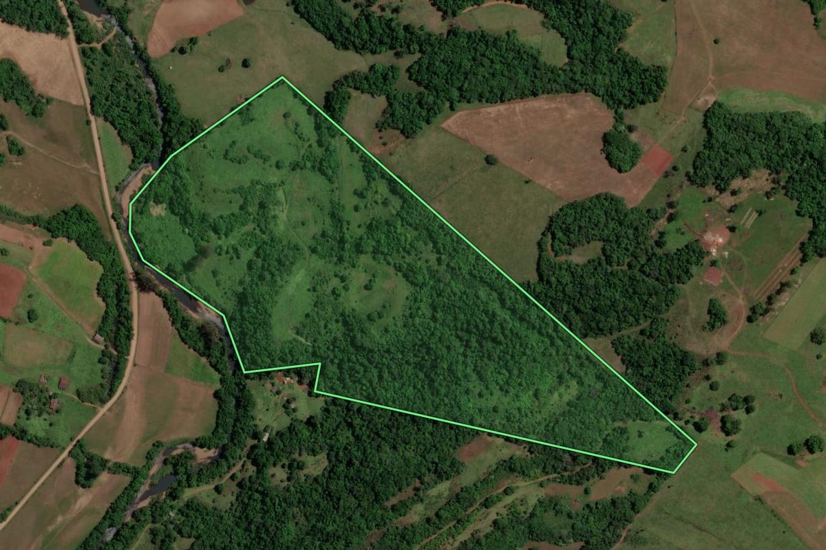 Imagem de satélite do imóvel rural em Toropi (RS), com o contorno declarado no CAR desenhado por cima.