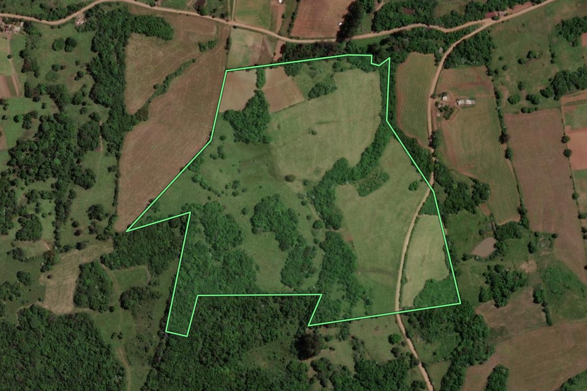 Imagem de satélite do imóvel rural em Toropi (RS), com o contorno declarado no CAR desenhado por cima.