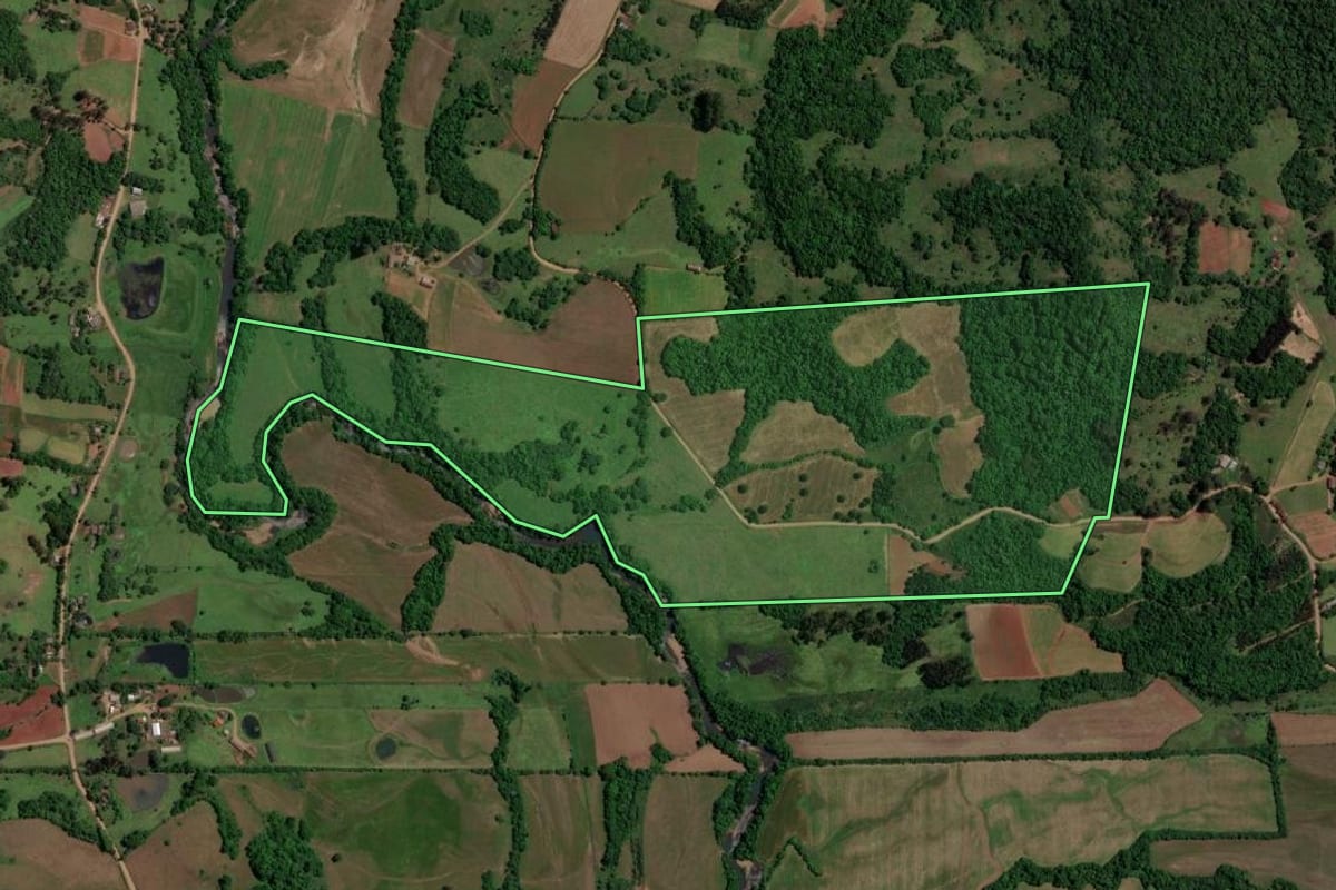Imagem de satélite do imóvel rural em Toropi (RS), com o contorno declarado no CAR desenhado por cima.