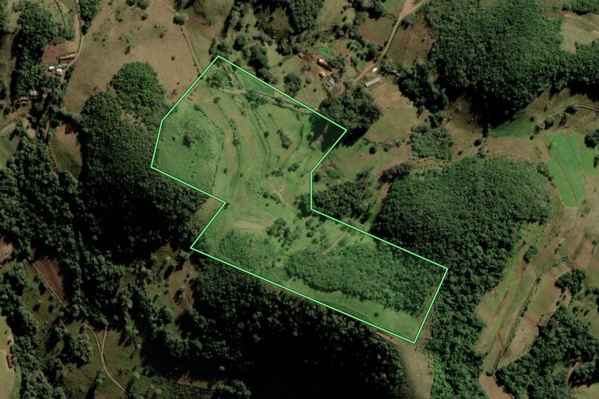 Imagem de satélite do imóvel rural em Toropi (RS), com o contorno declarado no CAR desenhado por cima.