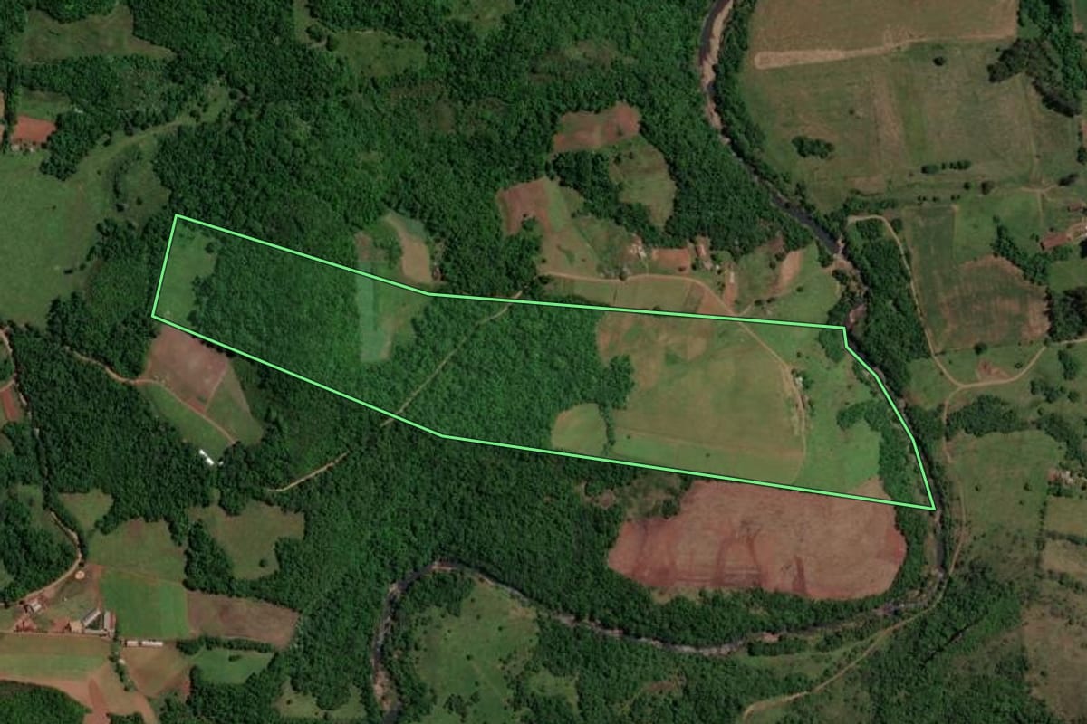 Imagem de satélite do imóvel rural em Toropi (RS), com o contorno declarado no CAR desenhado por cima.