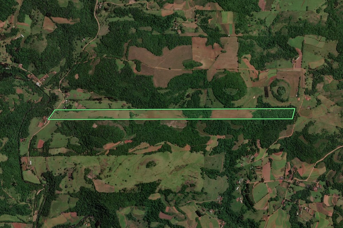 Imagem de satélite do imóvel rural em Toropi (RS), com o contorno declarado no CAR desenhado por cima.