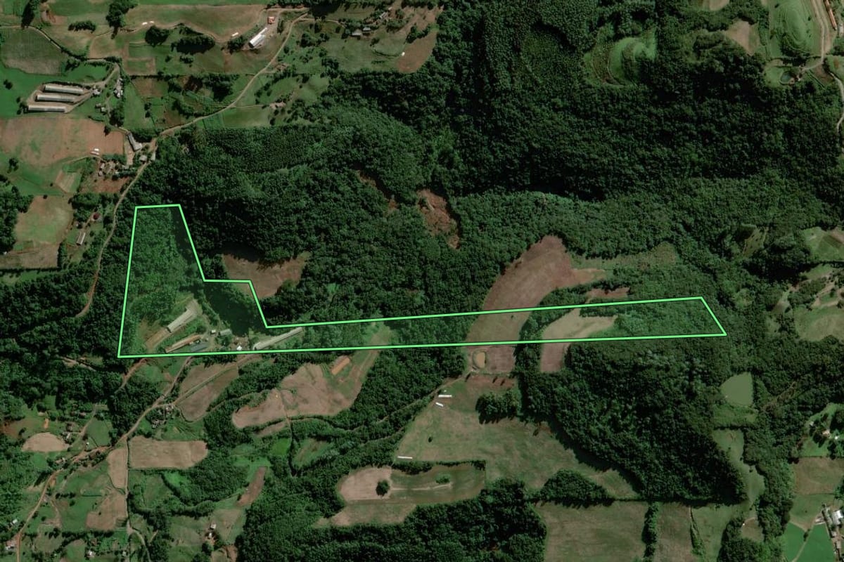 Imagem de satélite do imóvel rural em Travesseiro (RS), com o contorno declarado no CAR desenhado por cima.
