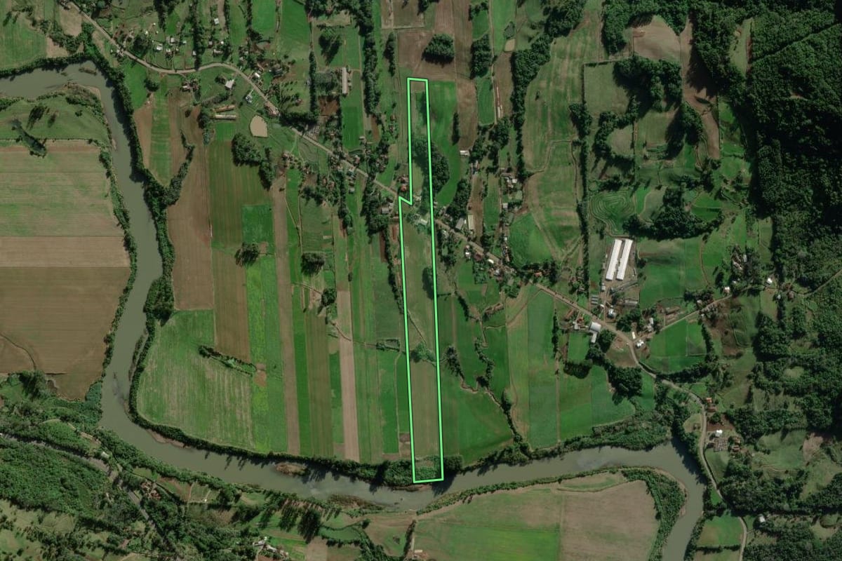 Imagem de satélite do imóvel rural em Travesseiro (RS), com o contorno declarado no CAR desenhado por cima.