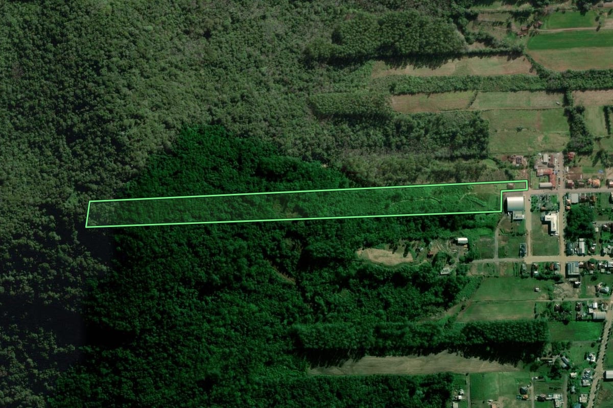 Imagem de satélite do imóvel rural em Travesseiro (RS), com o contorno declarado no CAR desenhado por cima.
