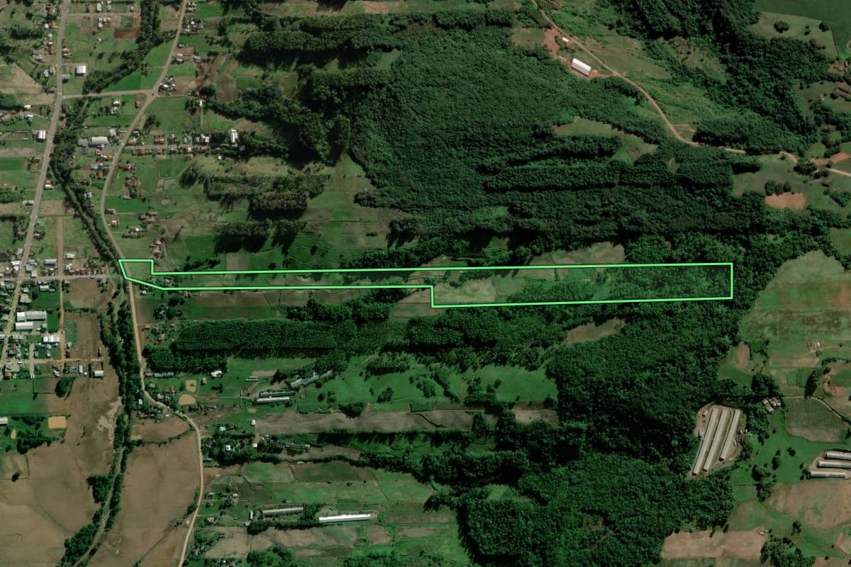 Imagem de satélite do imóvel rural em Travesseiro (RS), com o contorno declarado no CAR desenhado por cima.
