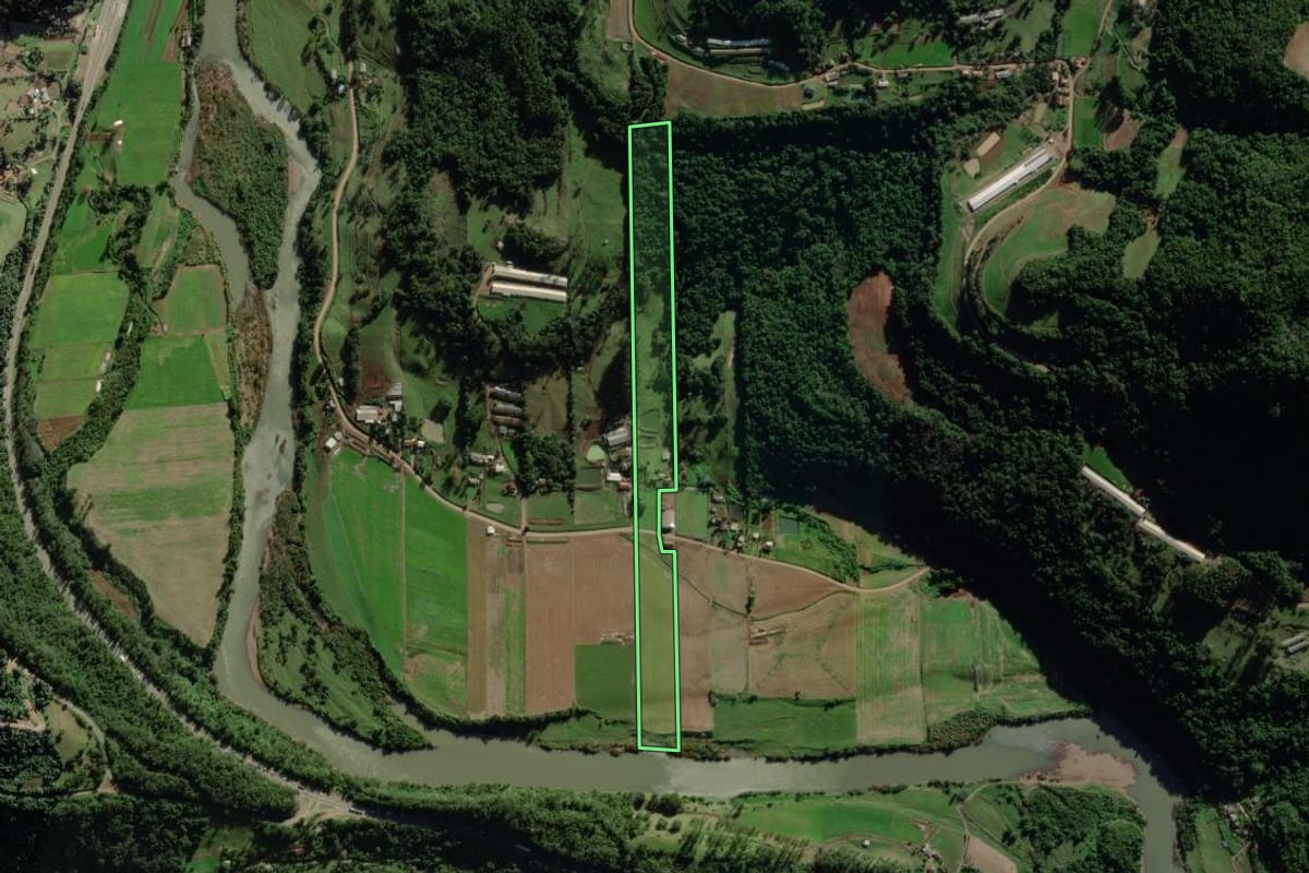 Imagem de satélite do imóvel rural em Travesseiro (RS), com o contorno declarado no CAR desenhado por cima.