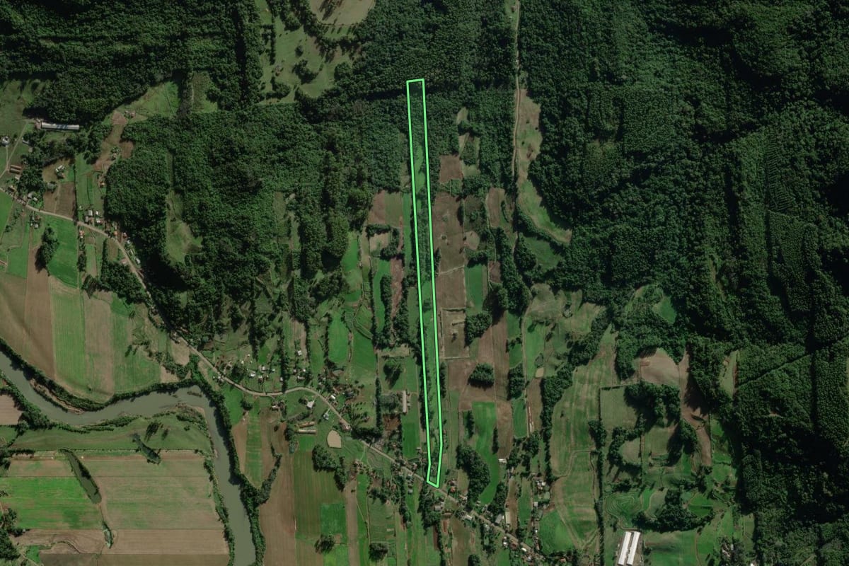 Imagem de satélite do imóvel rural em Travesseiro (RS), com o contorno declarado no CAR desenhado por cima.