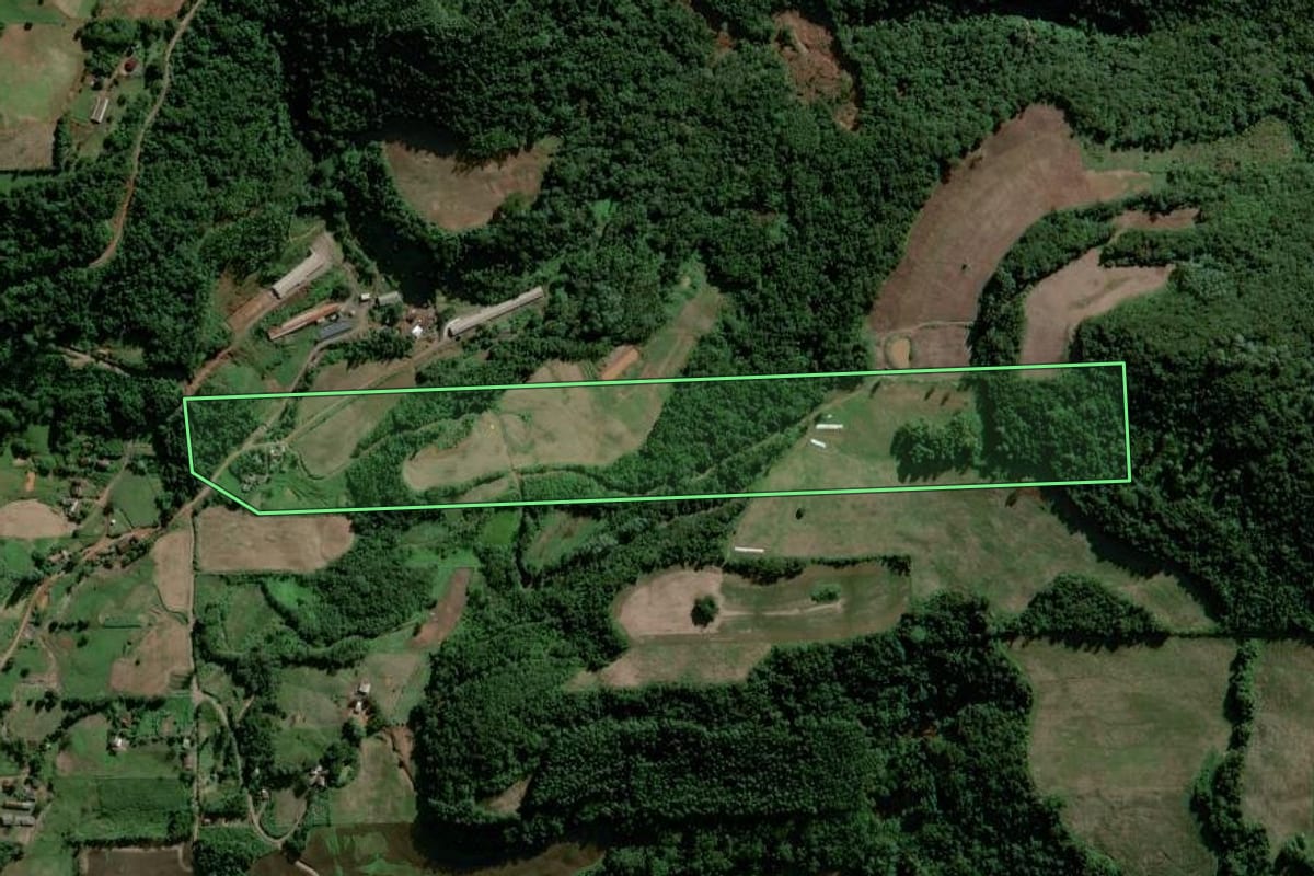 Imagem de satélite do imóvel rural em Travesseiro (RS), com o contorno declarado no CAR desenhado por cima.