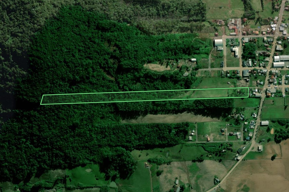 Imagem de satélite do imóvel rural em Travesseiro (RS), com o contorno declarado no CAR desenhado por cima.
