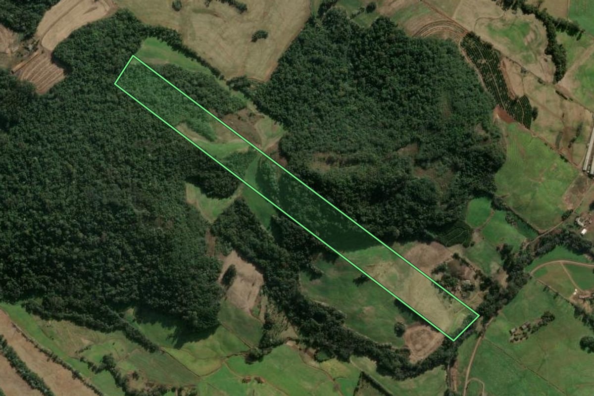 Imagem de satélite do imóvel rural em Três Arroios (RS), com o contorno declarado no CAR desenhado por cima.