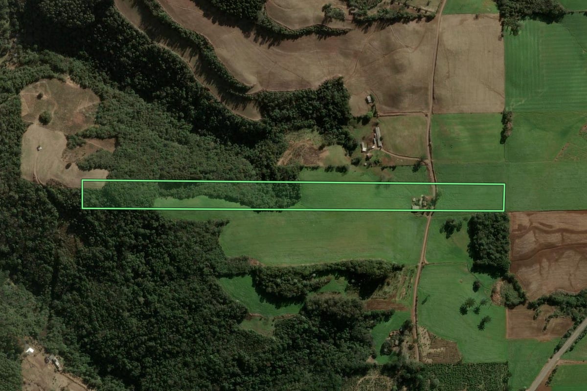 Imagem de satélite do imóvel rural em Três Arroios (RS), com o contorno declarado no CAR desenhado por cima.