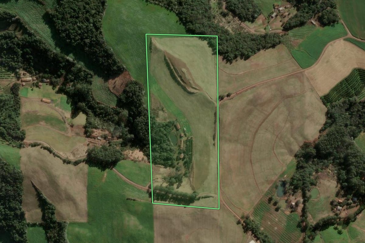 Imagem de satélite do imóvel rural em Três Arroios (RS), com o contorno declarado no CAR desenhado por cima.