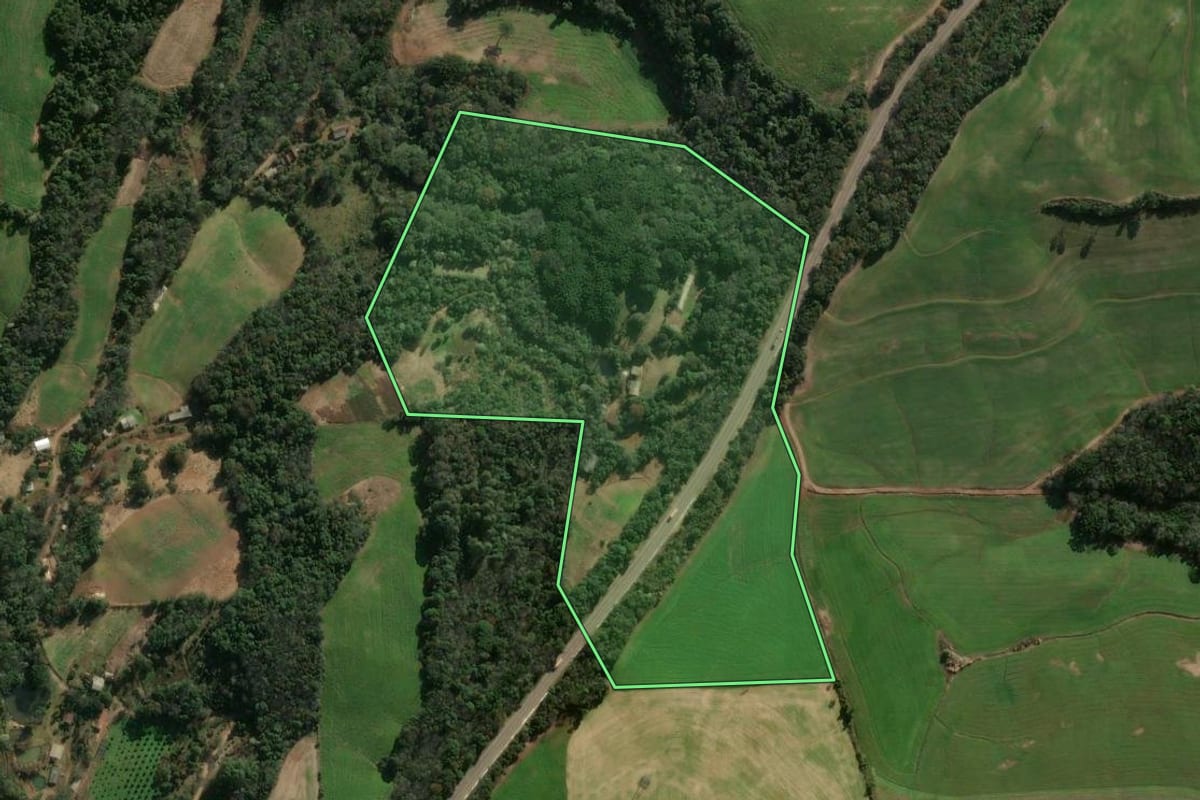 Imagem de satélite do imóvel rural em Três Arroios (RS), com o contorno declarado no CAR desenhado por cima.