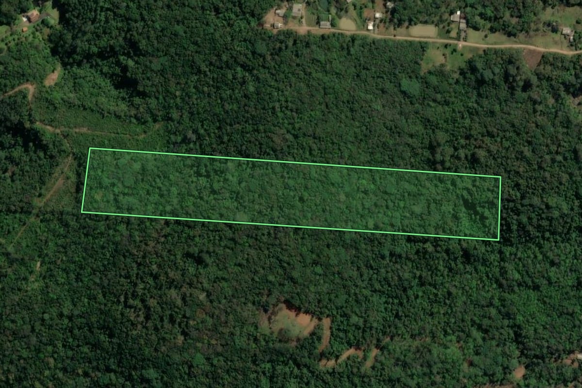 Imagem de satélite do imóvel rural em Três Coroas (RS), com o contorno declarado no CAR desenhado por cima.