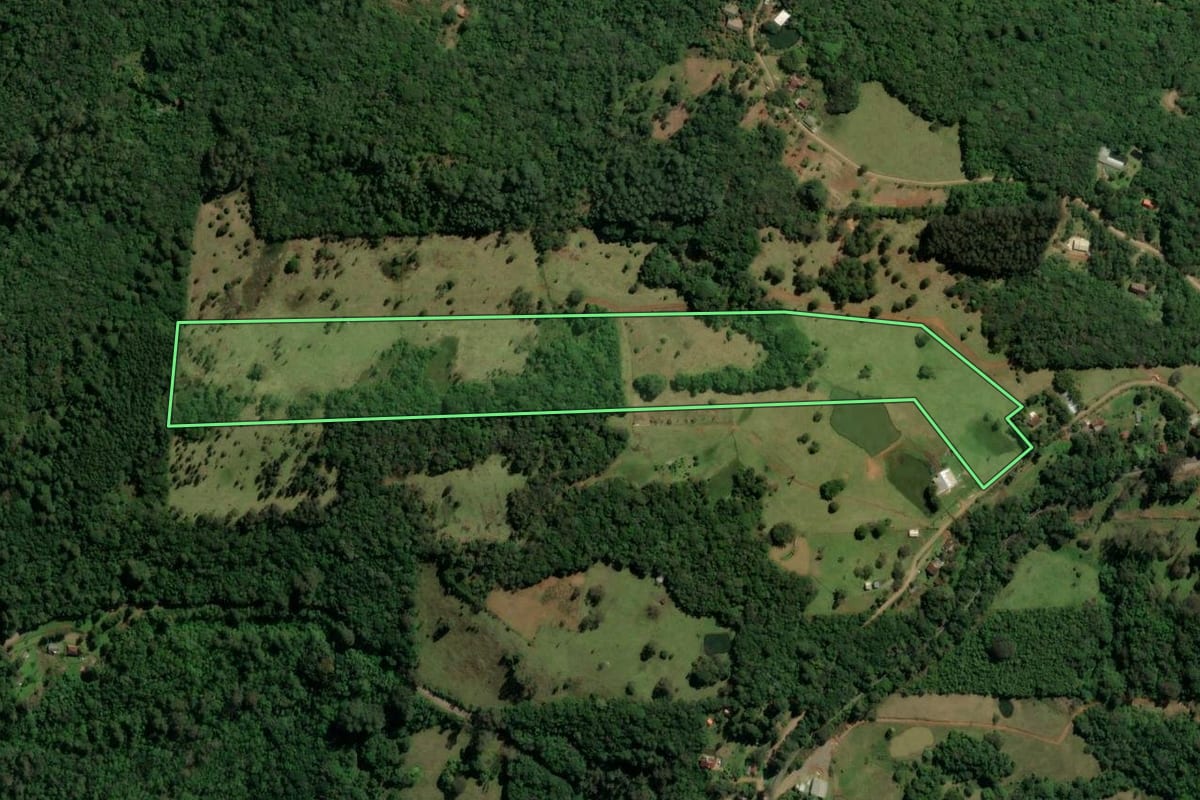 Imagem de satélite do imóvel rural em Três Coroas (RS), com o contorno declarado no CAR desenhado por cima.