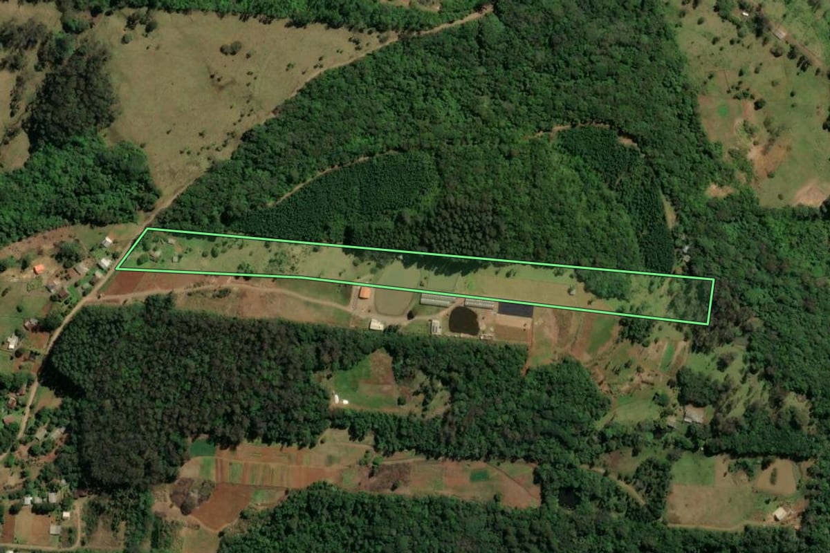 Imagem de satélite do imóvel rural em Três Coroas (RS), com o contorno declarado no CAR desenhado por cima.