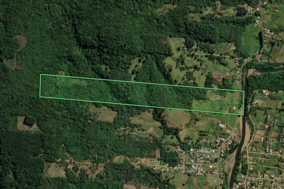 Imagem de satélite do imóvel rural em Três Coroas (RS), com o contorno declarado no CAR desenhado por cima.