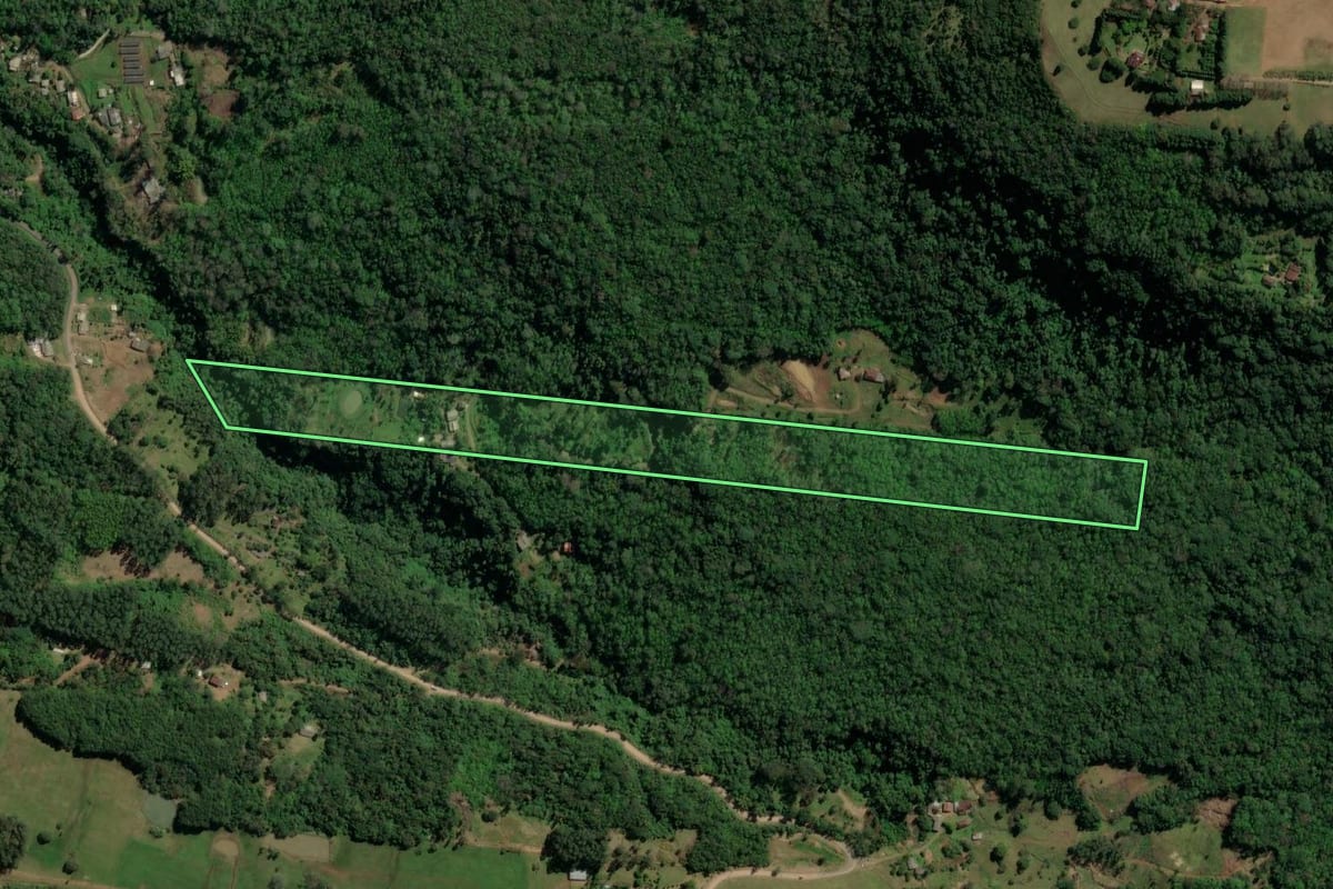 Imagem de satélite do imóvel rural em Três Coroas (RS), com o contorno declarado no CAR desenhado por cima.