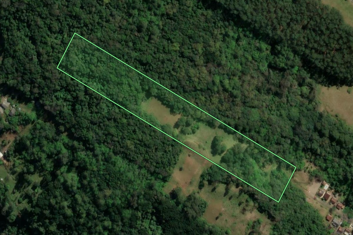 Imagem de satélite do imóvel rural em Três Coroas (RS), com o contorno declarado no CAR desenhado por cima.